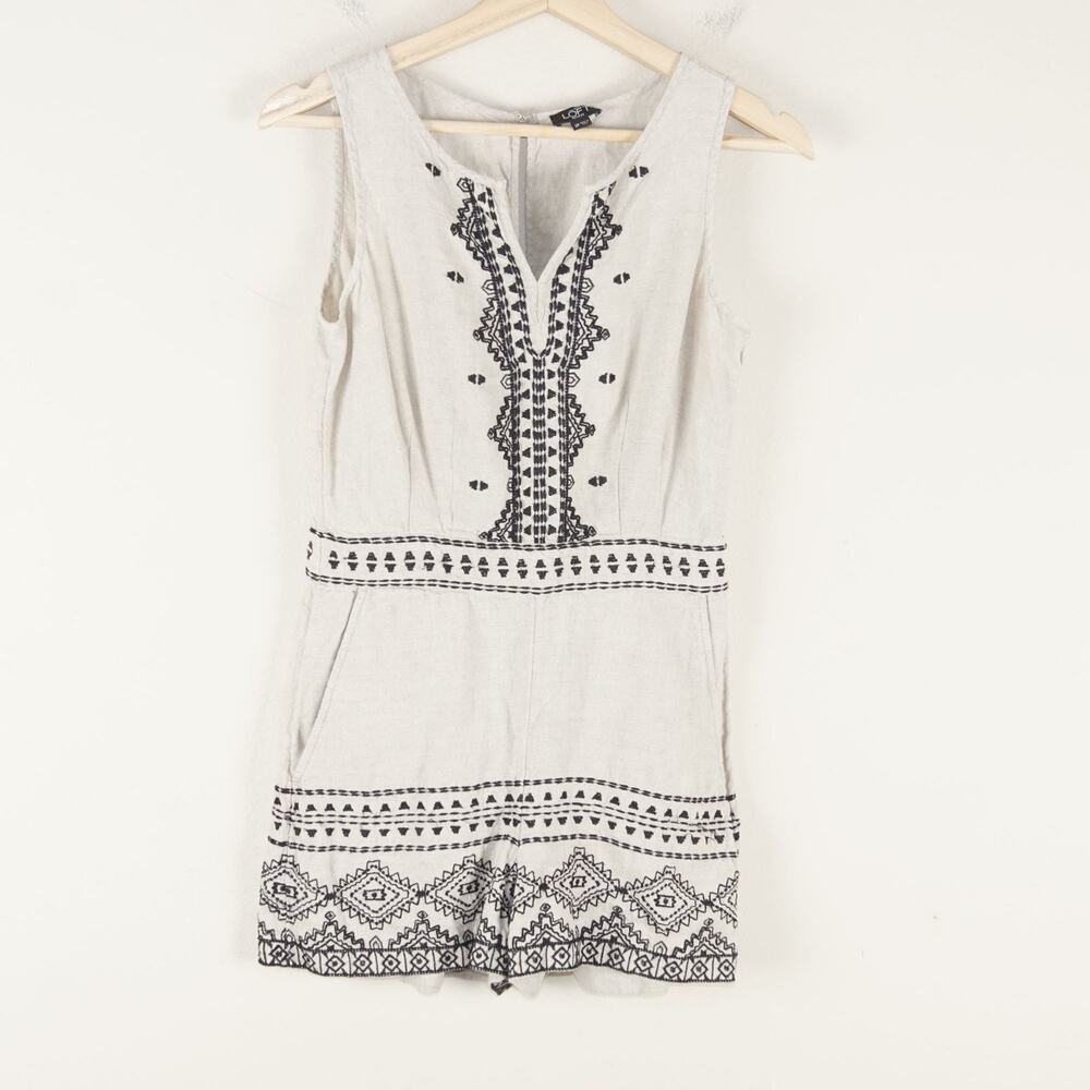 Ann Taylor Loft 100% Linen Beige Black Embroidered Romper Womens Sz 2 Petite